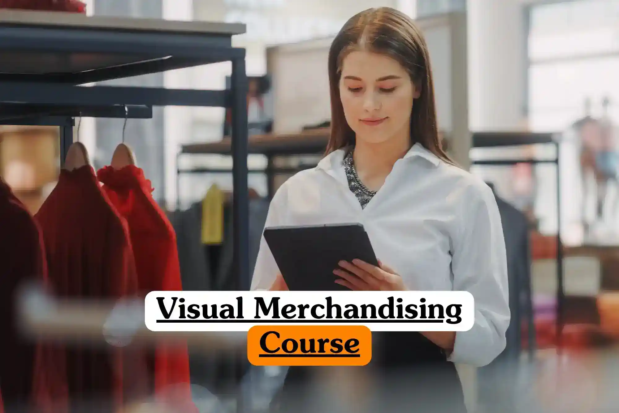 Visual Merchandising Course banner with person standing in retail store holding tablet reviewing information in front of clothing racks with red garments and apparel items in fashion retail environment.
