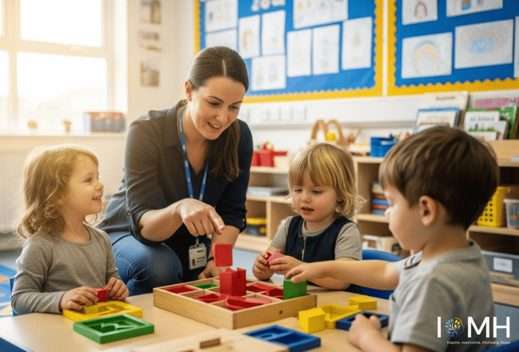 Teaching assistant supporting young children with a hands-on classroom activity in a primary school