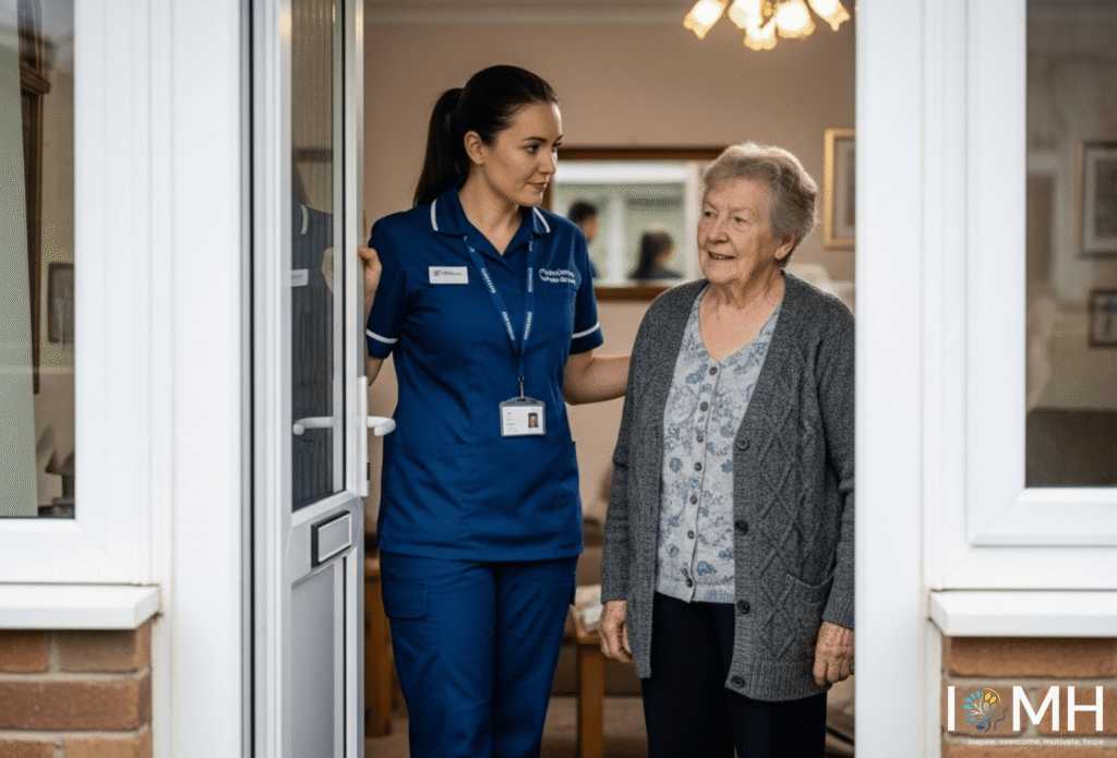 Community care worker supporting an older adult during a home visit