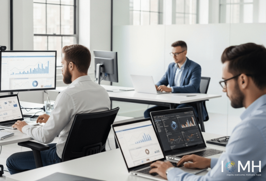 Data scientists and IT professionals analysing financial and performance data in a modern London office environment.
