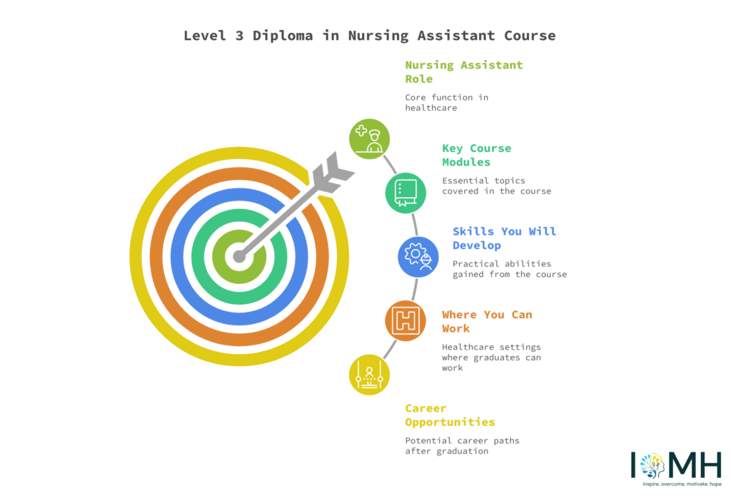 Infographic showing key modules skills workplaces and career opportunities in a Level 3 Diploma in Nursing Assistant Course
