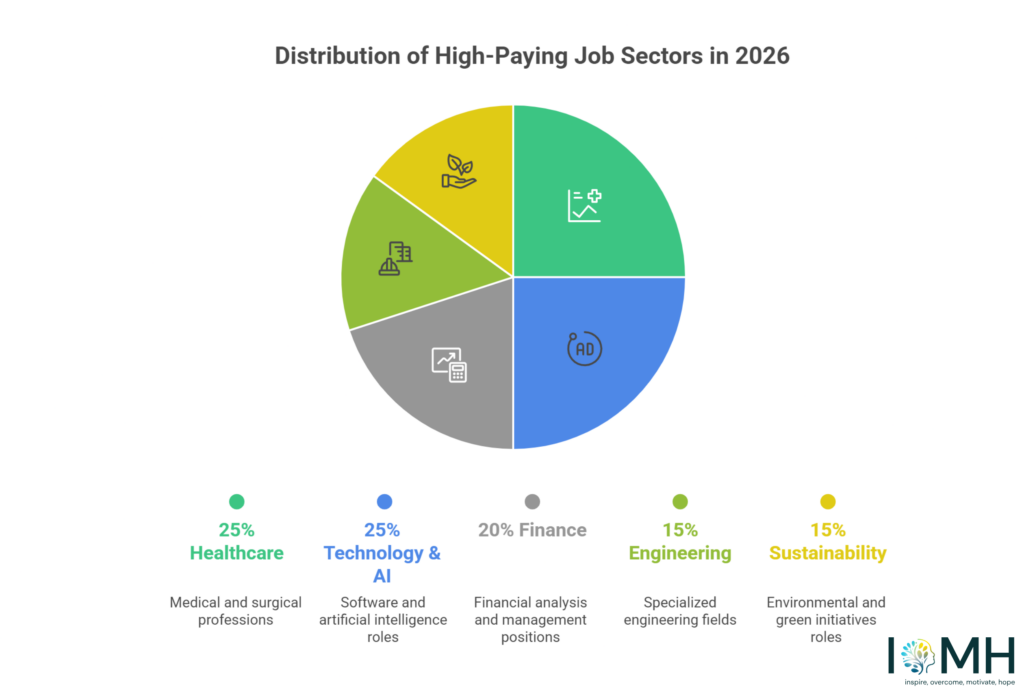 Infographic showing distribution of highest paying jobs in the world in 2026 across healthcare, technology and AI, finance, engineering, and sustainability sectors.