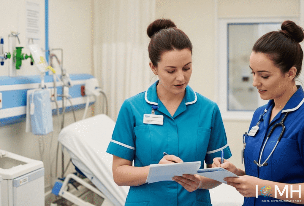 Nursing assistant and nurse reviewing patient notes in a UK hospital ward