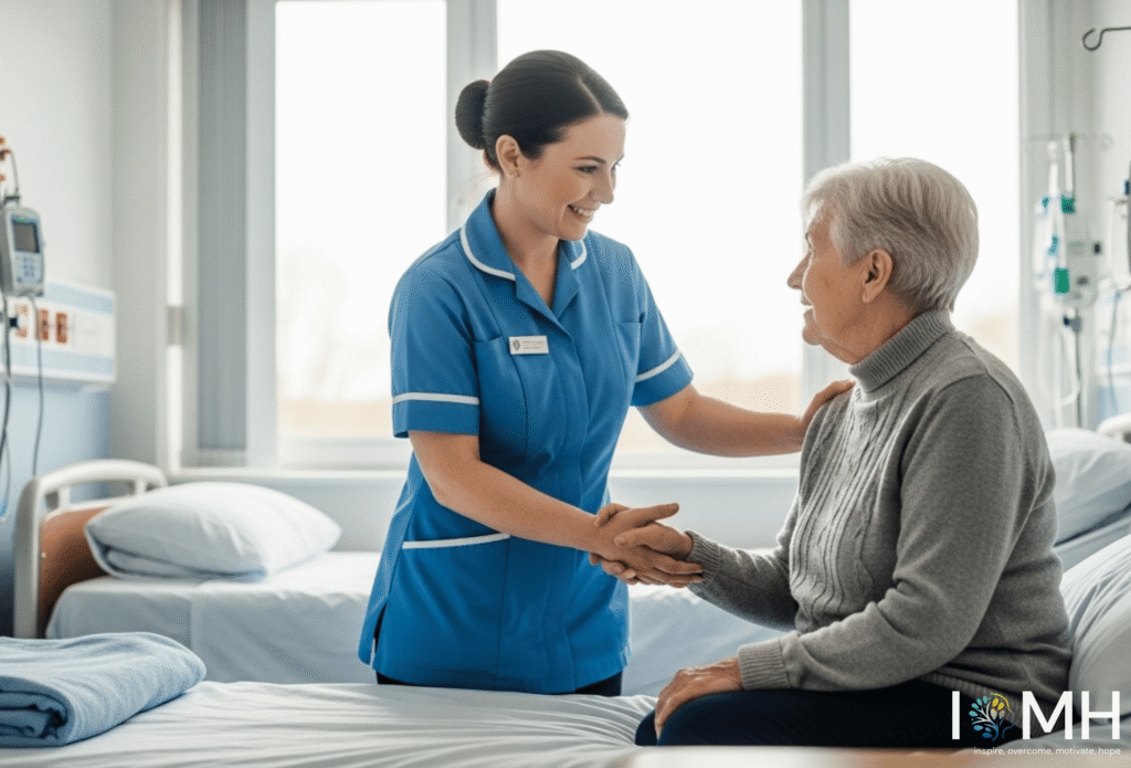 Nursing assistant supporting an elderly patient in a UK hospital room