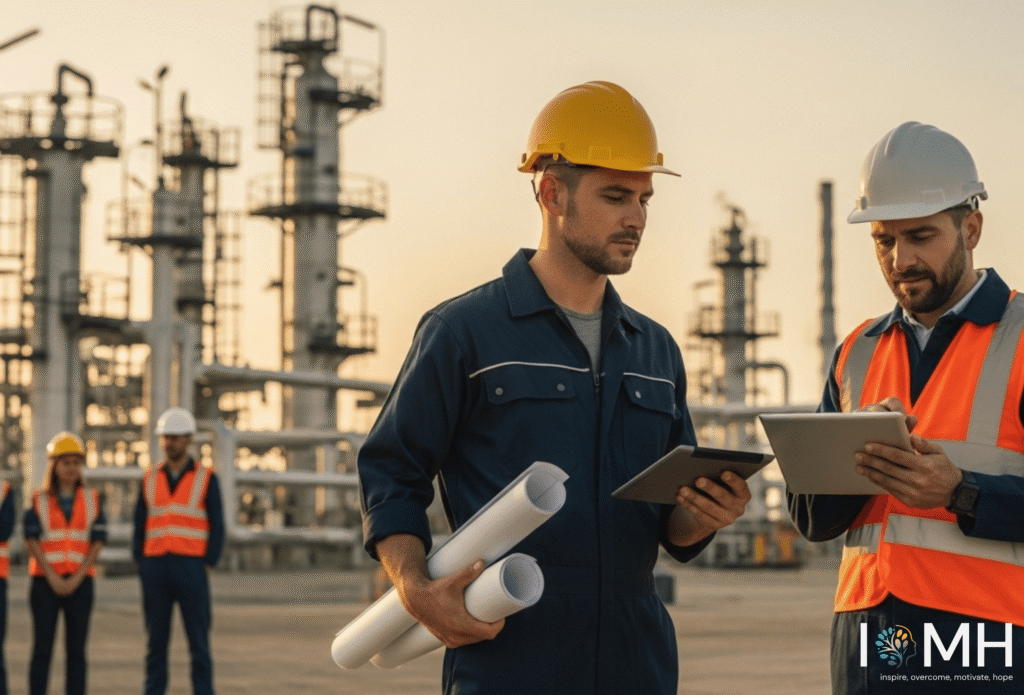 Petroleum engineers reviewing construction plans at an industrial energy site during sunset.