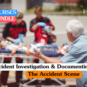 Accident investigation training banner featuring emergency responders in red and black uniforms attending to a casualty on a stretcher while an onlooker in a blue shirt gestures toward the scene.