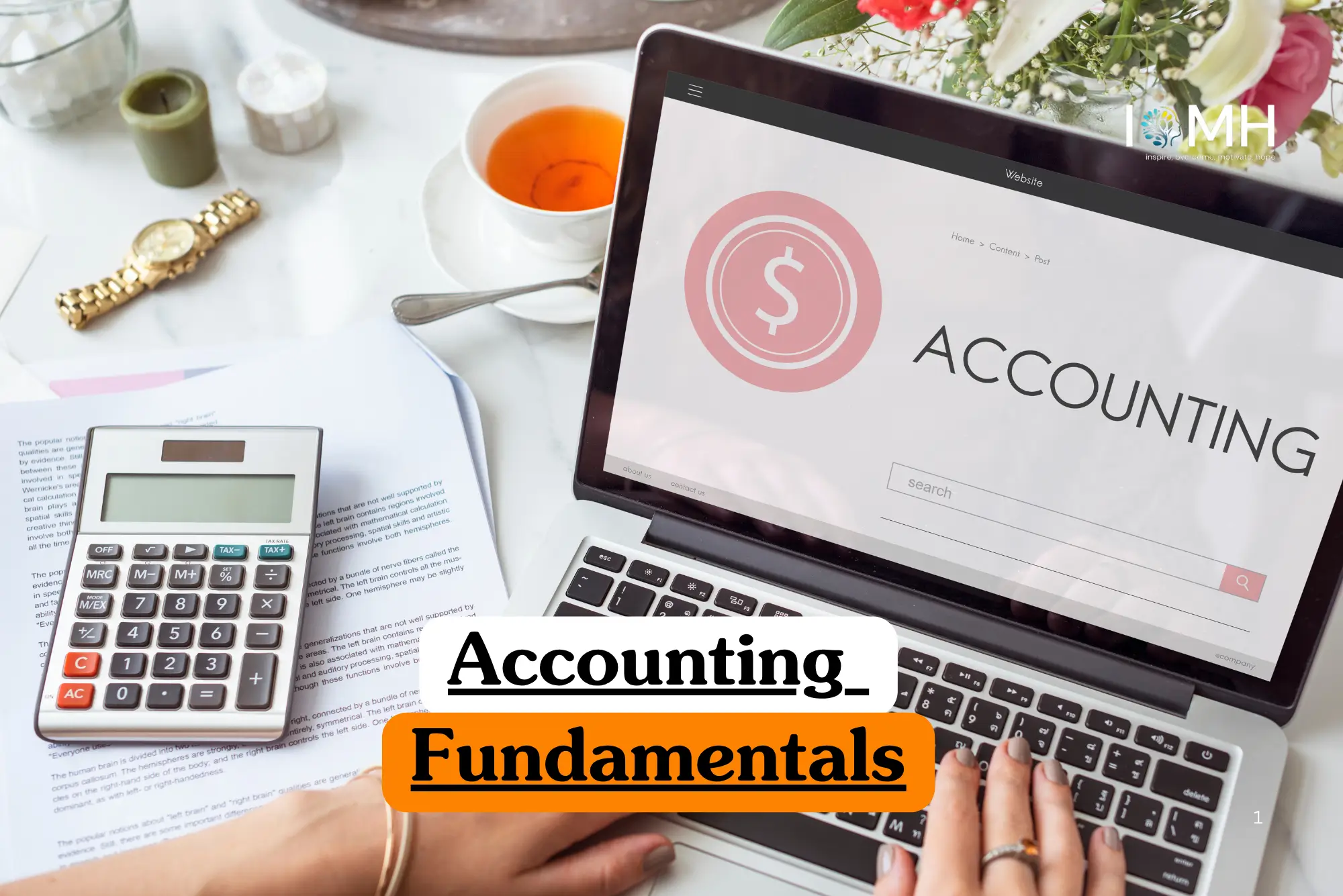 Financial accounting training banner featuring a professional in a grey suit working at a desk with a laptop, using a calculator and pen to analyze financial spreadsheets and bar graphs.