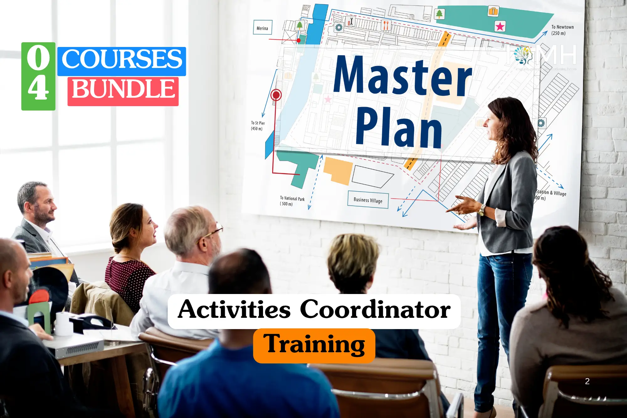 Theoretical event planning and group leadership training banner featuring a professional female coordinator in a grey blazer presenting a complex "Master Plan" diagram on a large white board to an attentive audience in a bright boardroom.