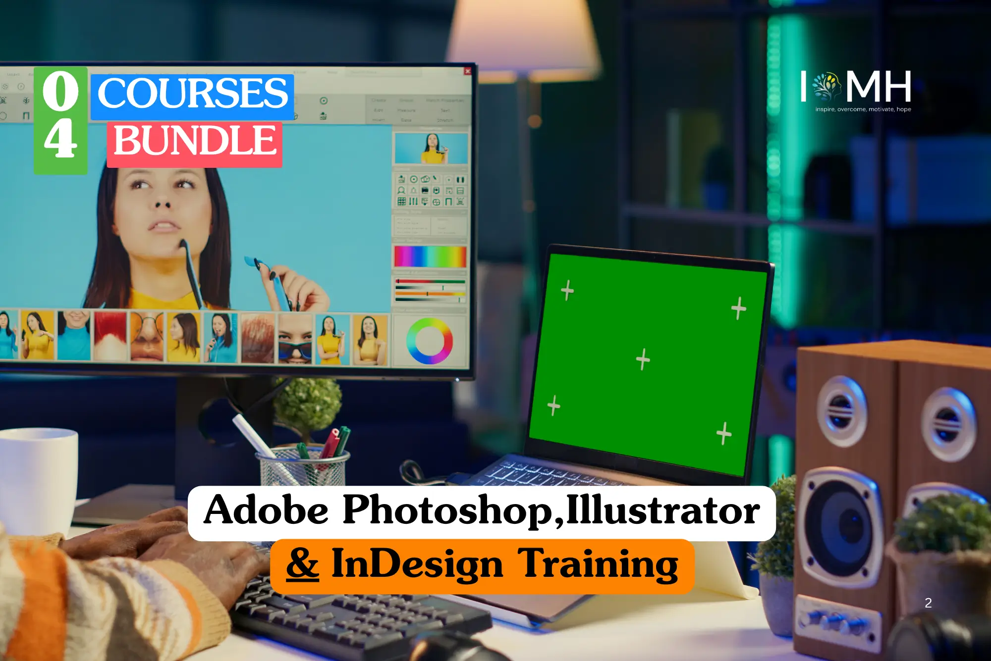 Theoretical graphic design and digital media training banner featuring a professional workspace with a desktop monitor displaying photo editing software and a laptop with a green screen alongside wooden speakers.