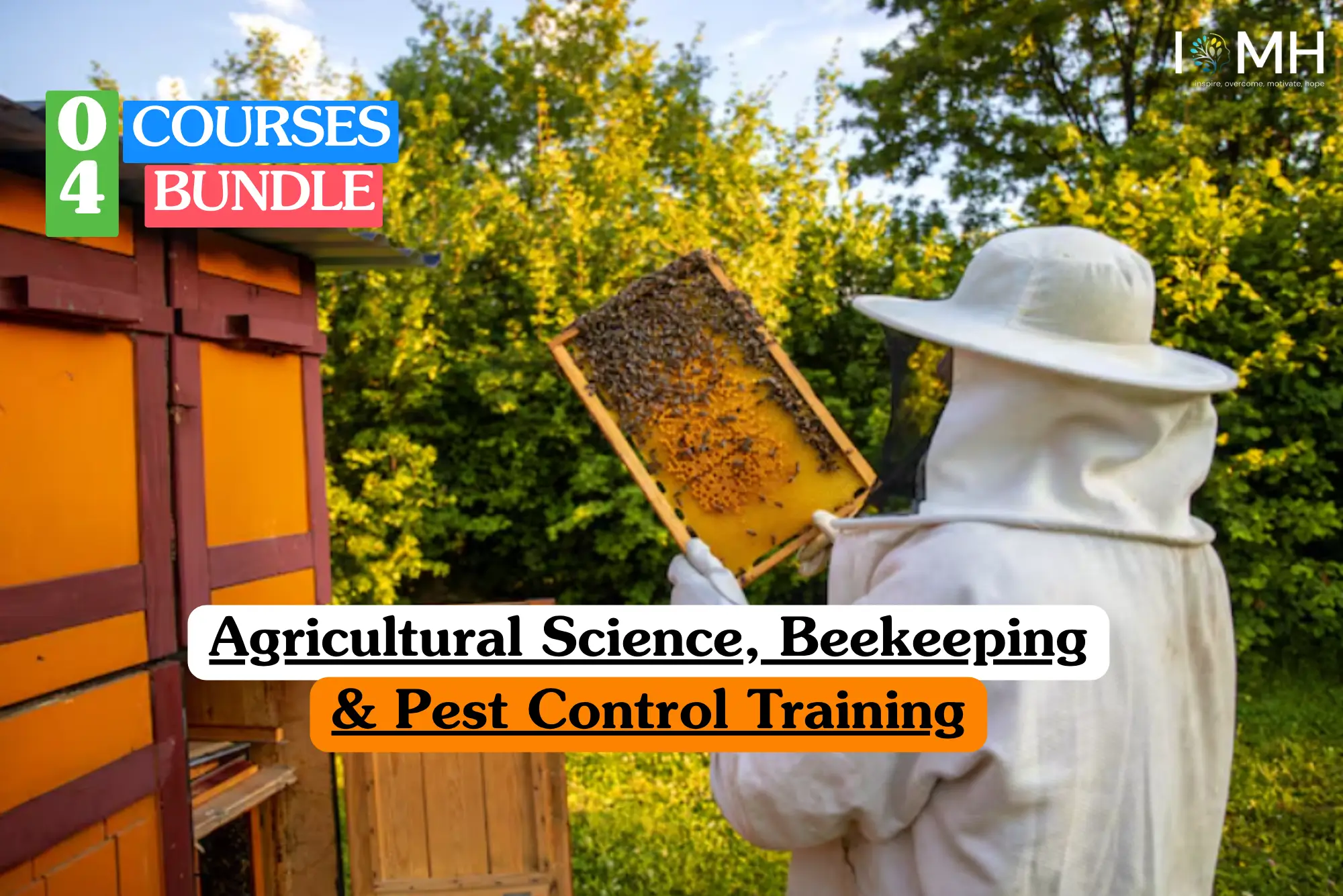 Theoretical agricultural science and apiculture training banner featuring a professional beekeeper in a full protective white suit and veiled hat inspecting a wooden hive frame covered in honeybees, representing the study of sustainable hive management and integrated pest control.
