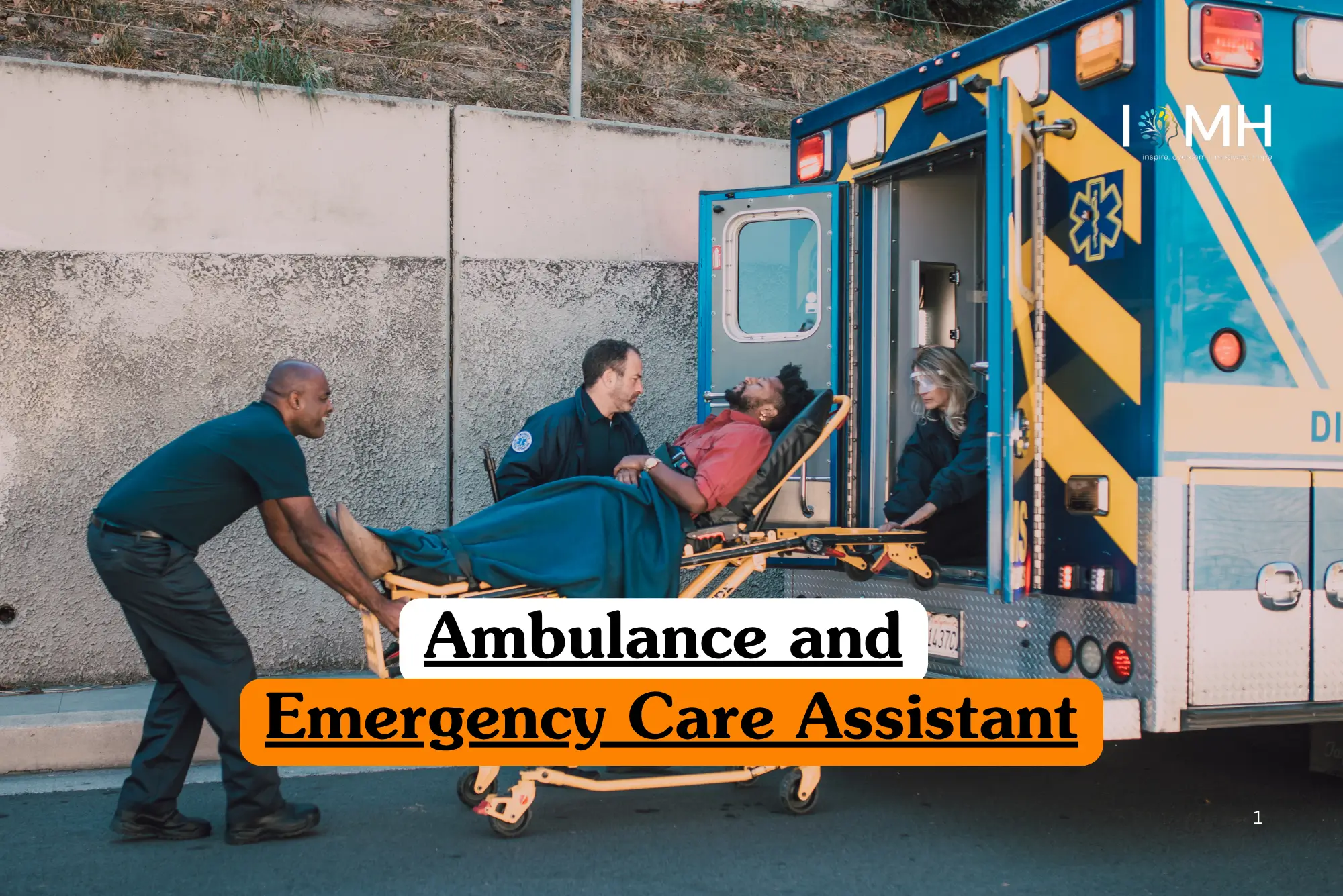 Theoretical healthcare and emergency medical services training banner featuring a yellow UK ambulance parked on a street with a professional female paramedic in a green uniform looking at a digital tablet.