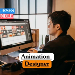 Theoretical digital arts and creative media training banner featuring a male designer with glasses working at a large computer monitor displaying a grid of storyboard frames and video assets, representing the study of motion graphics, visual storytelling, and professional animation software workflows.