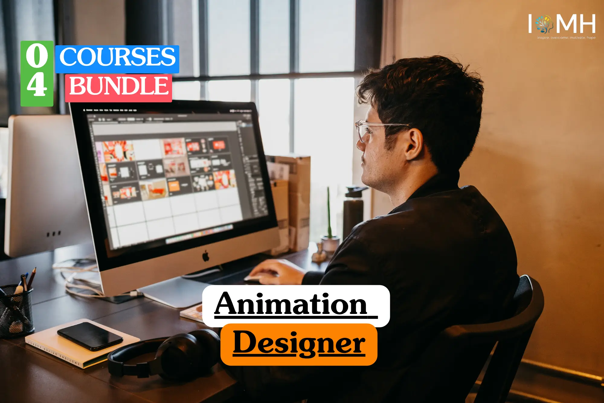 Theoretical digital arts and creative media training banner featuring a male designer with glasses working at a large computer monitor displaying a grid of storyboard frames and video assets, representing the study of motion graphics, visual storytelling, and professional animation software workflows.