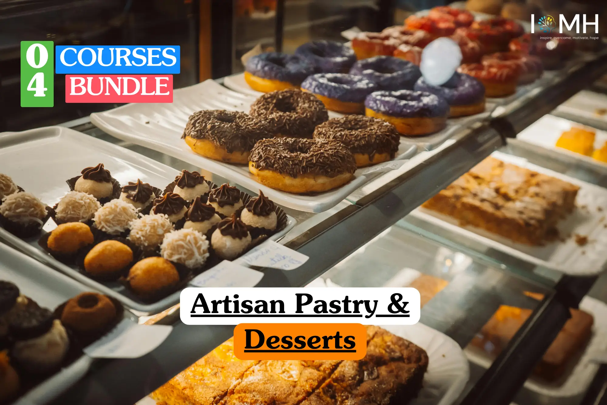 Theoretical hospitality and culinary arts training banner featuring a commercial bakery display case filled with a variety of gourmet treats, including chocolate-sprinkled doughnuts, purple-glazed rings, and piped chocolate confections, representing the study of professional pastry production, dessert presentation, and artisanal baking techniques.