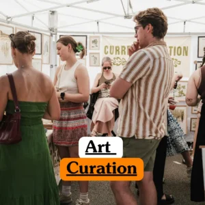 Theoretical art history and gallery management training banner featuring visitors exploring a curated outdoor art stall under a white canopy, with framed botanical illustrations displayed on a mesh wall.