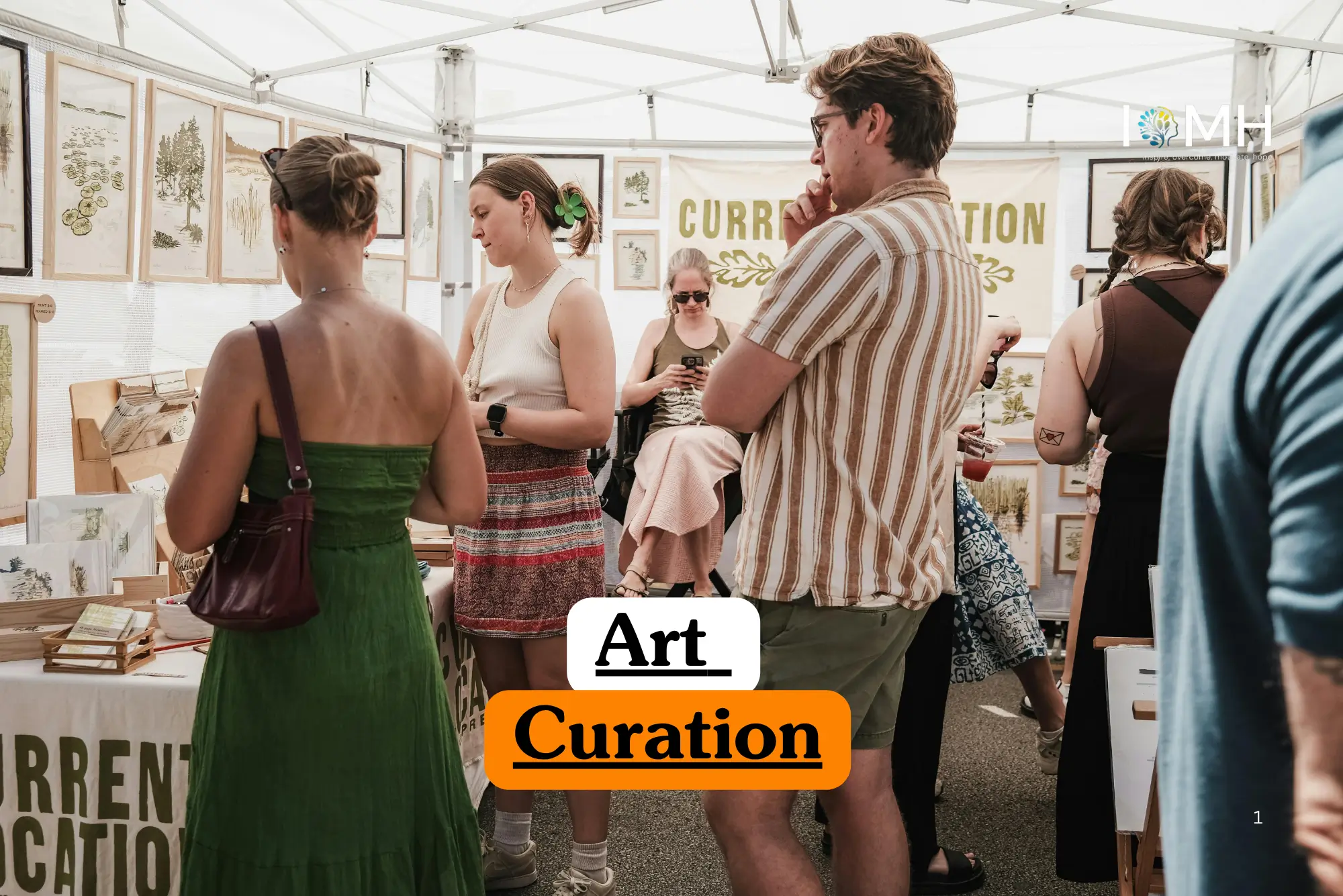 Theoretical art history and gallery management training banner featuring visitors exploring a curated outdoor art stall under a white canopy, with framed botanical illustrations displayed on a mesh wall.