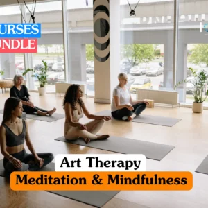 Theoretical mental health and holistic wellness training banner featuring a diverse group of professionals sitting in a circle on colorful cushions in a bright, modern studio, engaging in a guided mindfulness and meditation session.