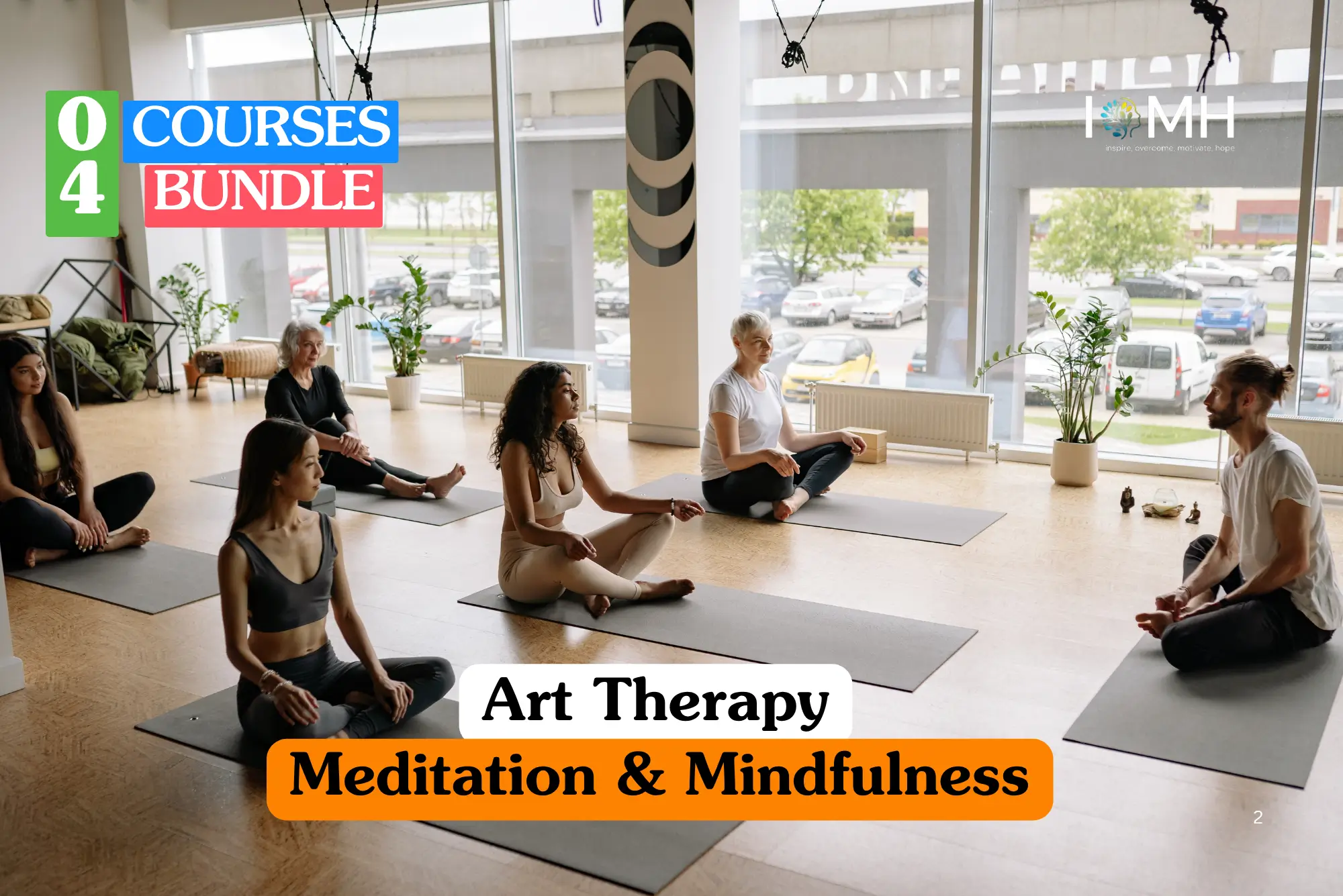 Theoretical mental health and holistic wellness training banner featuring a diverse group of professionals sitting in a circle on colorful cushions in a bright, modern studio, engaging in a guided mindfulness and meditation session.