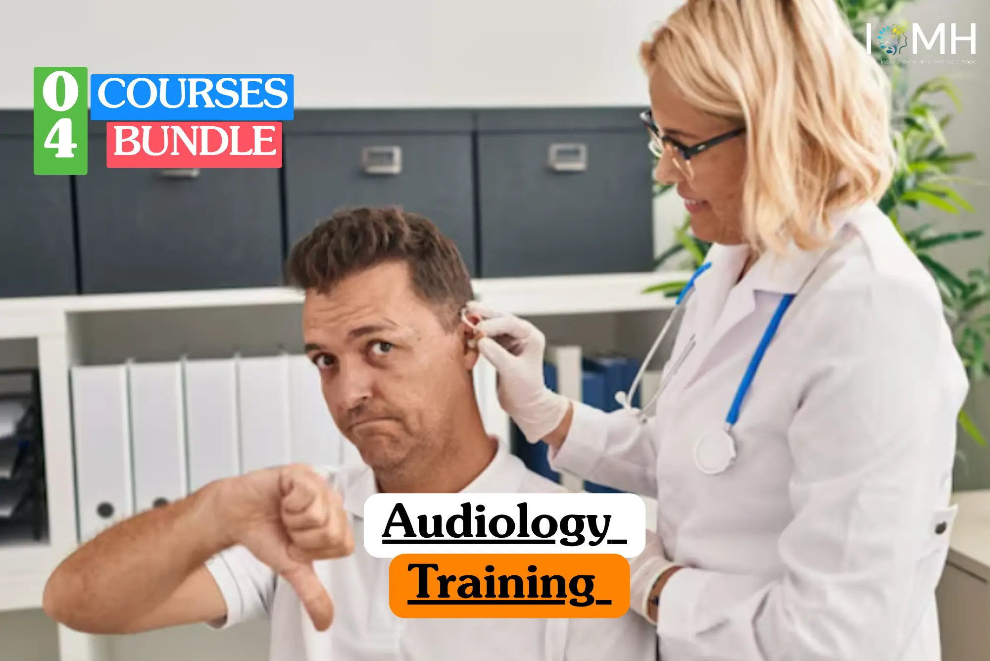 Theoretical healthcare and clinical science training banner featuring a female specialist in a white lab coat examining a male patient's ear, representing the study of auditory health, hearing aid technology, and clinical diagnostic procedures.
