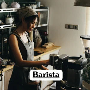 Theoretical hospitality and beverage service training banner featuring a barista in a professional apron and headscarf operating an espresso machine in a modern cafe setting, representing the study of coffee preparation theory and service standards.