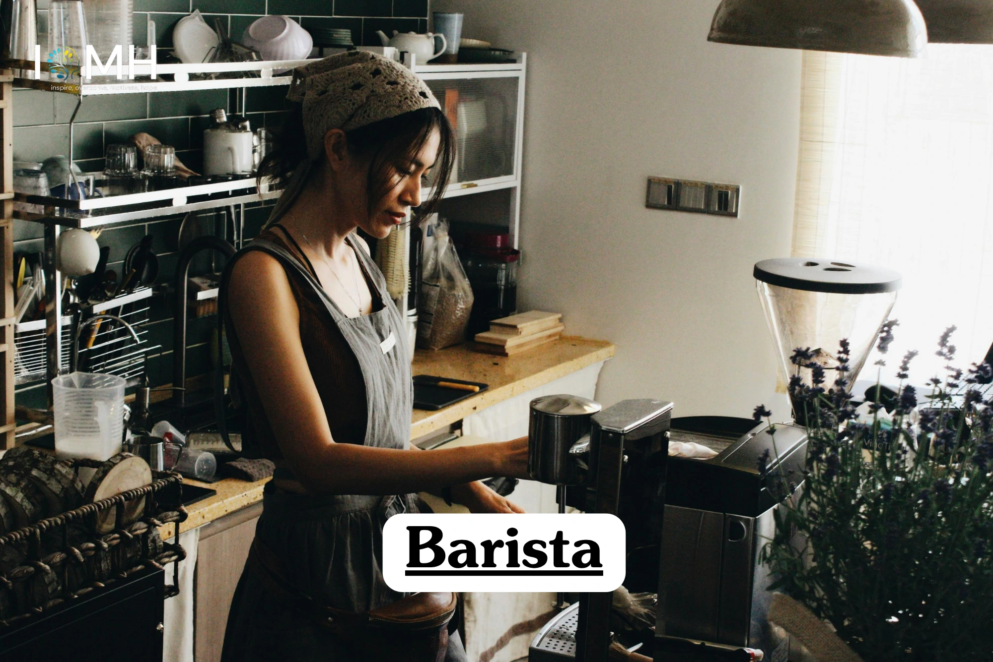 Theoretical hospitality and beverage service training banner featuring a barista in a professional apron and headscarf operating an espresso machine in a modern cafe setting, representing the study of coffee preparation theory and service standards.