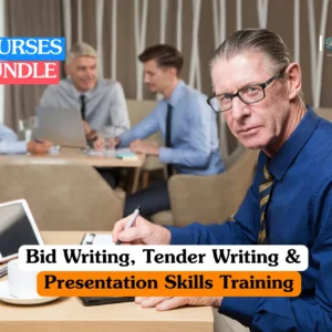 Professional business training banner featuring a senior male professional with glasses in a blue shirt writing at a desk, with a team collaborating in the background.