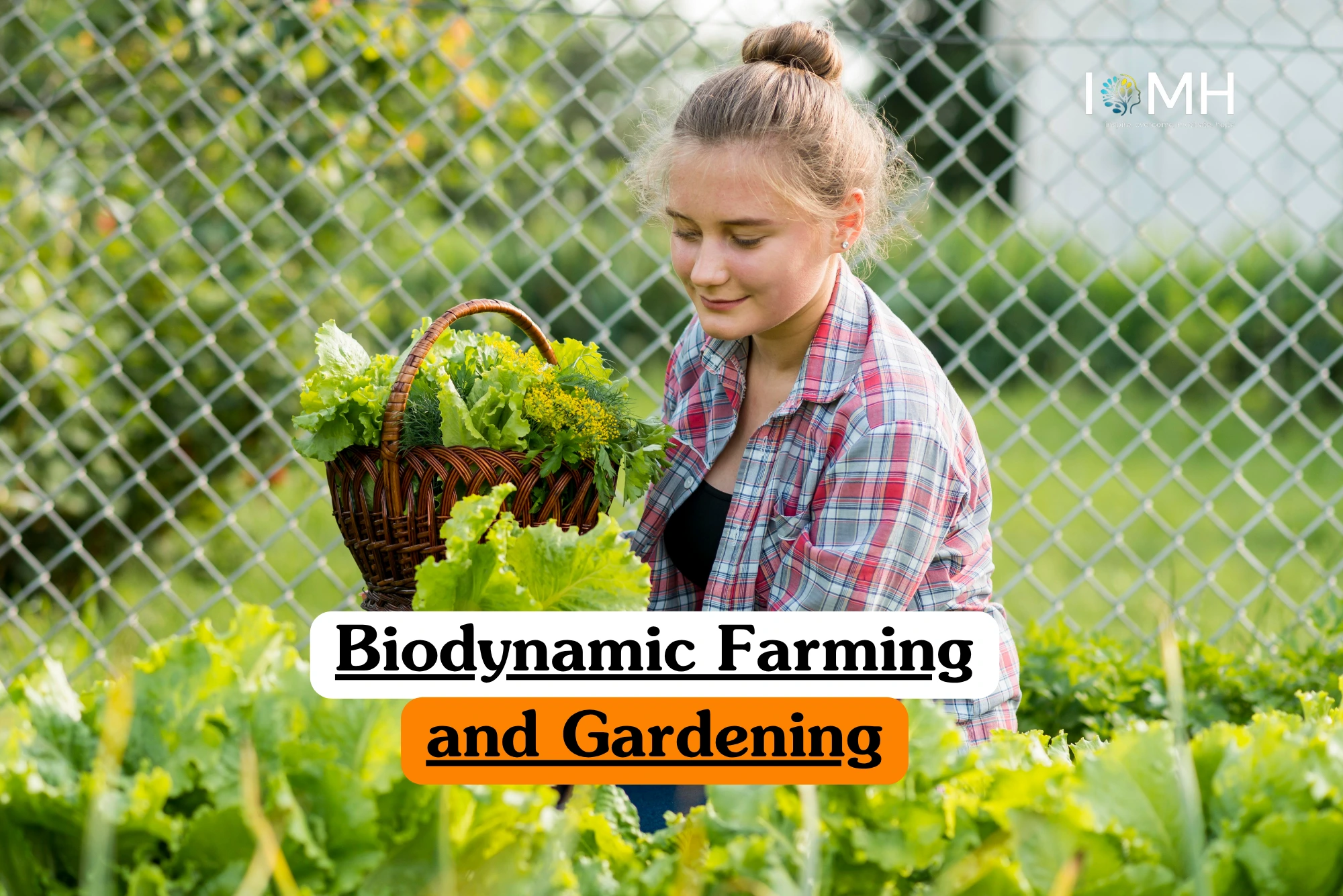 Theoretical sustainable agriculture and organic horticulture training banner featuring a young woman in a plaid shirt kneeling in a vibrant green vegetable garden, holding a woven basket overflowing with fresh lettuce and herbs in front of a chain-link fence.