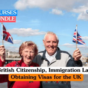 UK immigration law training banner featuring a smiling senior couple holding small British flags with the London Eye in the background, representing British citizenship and residency.