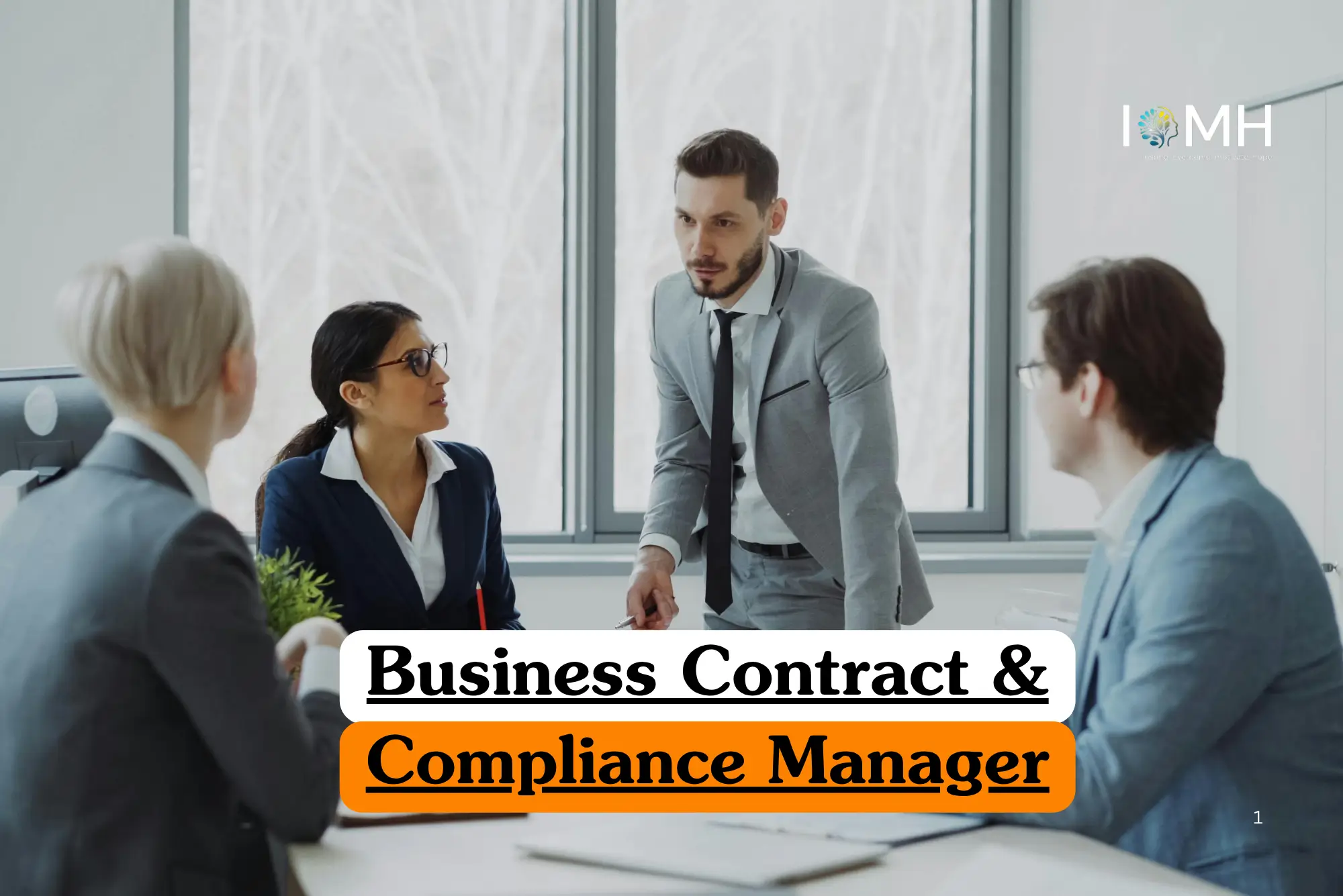 Corporate legal and compliance training banner featuring four business professionals in a focused meeting, with a man in a grey suit standing to address his colleagues at a conference table.