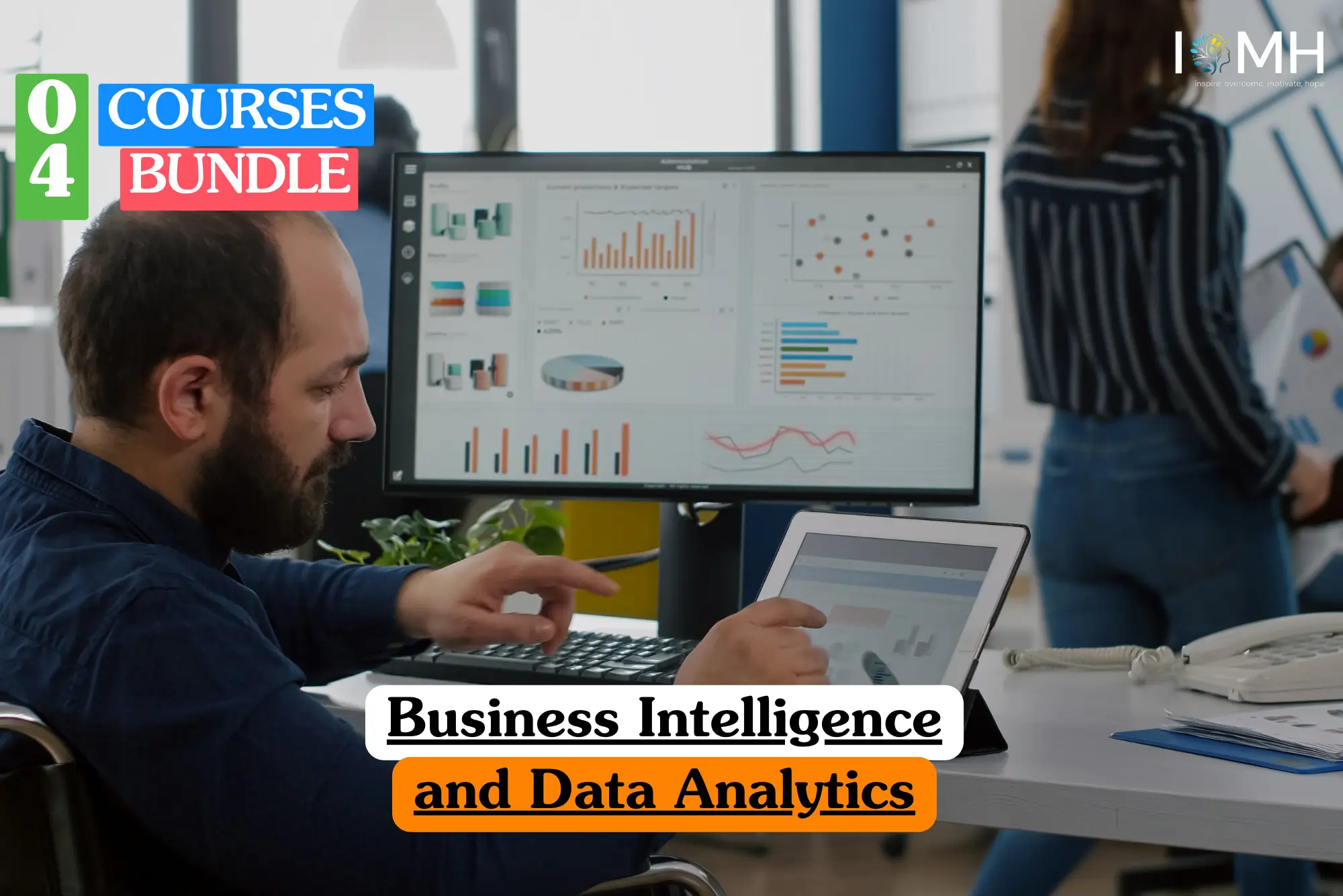Theoretical data science and business management training banner featuring a male professional in a modern office using a tablet to interact with complex data visualizations, charts, and graphs displayed on a large desktop monitor, representing the study of predictive modeling, data mining, and strategic business reporting.