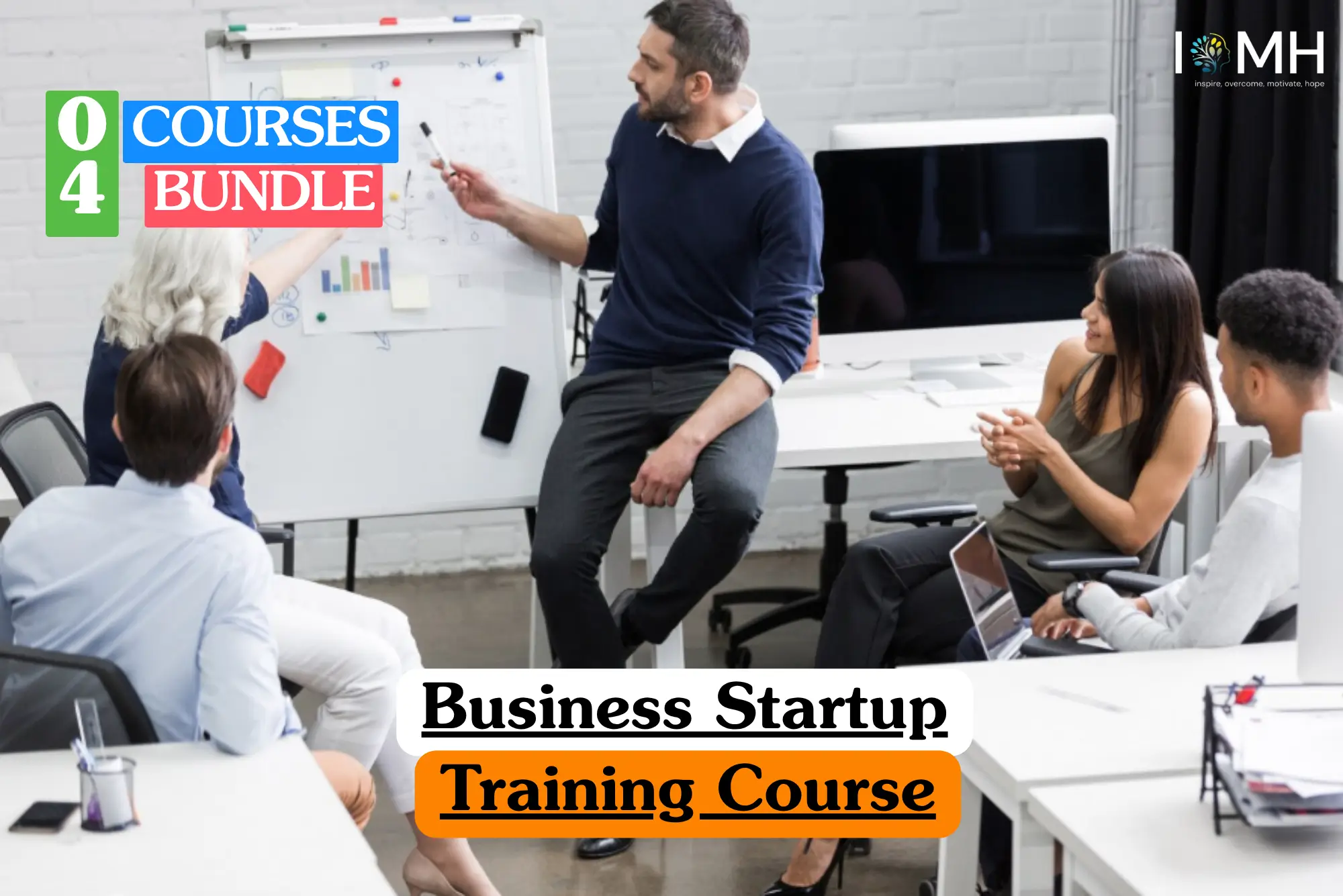 Theoretical entrepreneurship and strategic management training banner featuring a group of professionals in a contemporary office space, with a lead instructor presenting data charts on a whiteboard to a seated team, representing the study of market analysis, business model development, and startup scaling operations.