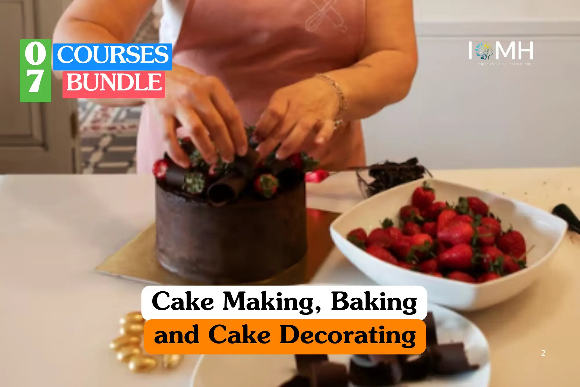 Theoretical professional baking and culinary arts training banner featuring a close-up of a pastry chef in a pink apron decorating a dark chocolate layer cake with fresh strawberries and chocolate curls on a white kitchen counter.