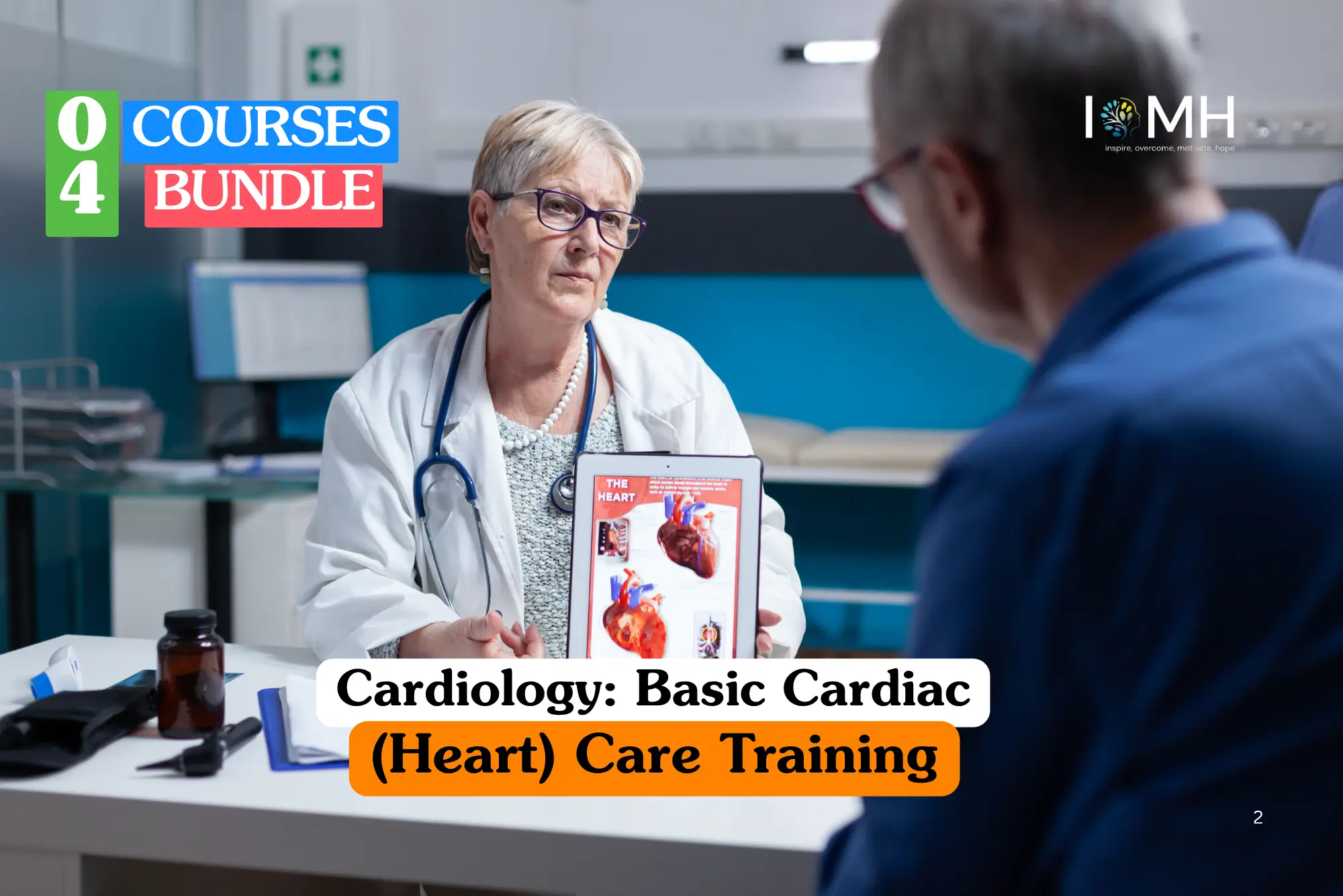 Theoretical healthcare and medical diagnostics training banner featuring an experienced female doctor in a white lab coat and stethoscope, using a digital tablet to explain cardiac anatomy to a patient in a clinical setting.