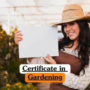 Theoretical horticulture and landscape design training banner featuring a female professional in a straw hat and brown apron smiling while holding a blank white sign in a vibrant garden center.