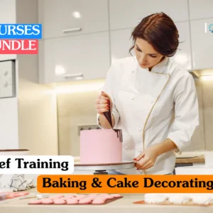 Professional culinary arts training banner showing a close-up of a chef's hands using a piping bag to apply delicate white frosting swirls onto a tiered gourmet cake.