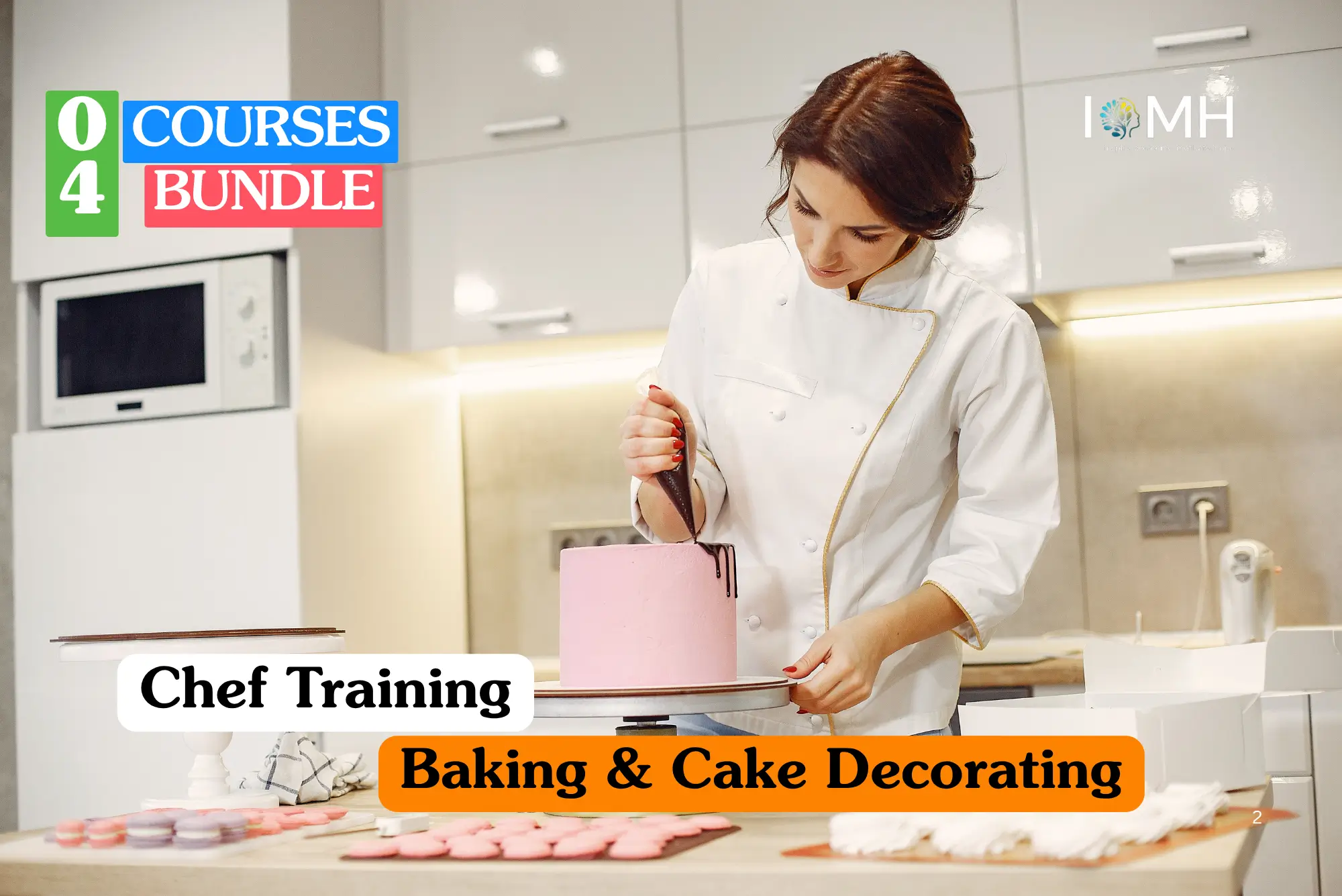 Professional culinary arts training banner showing a close-up of a chef's hands using a piping bag to apply delicate white frosting swirls onto a tiered gourmet cake.