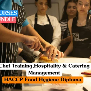 Theoretical culinary arts and kitchen safety training banner featuring a professional chef in a striped apron slicing a burger bun on a marble countertop, observed by a group of attentive culinary students in a commercial kitchen setting.