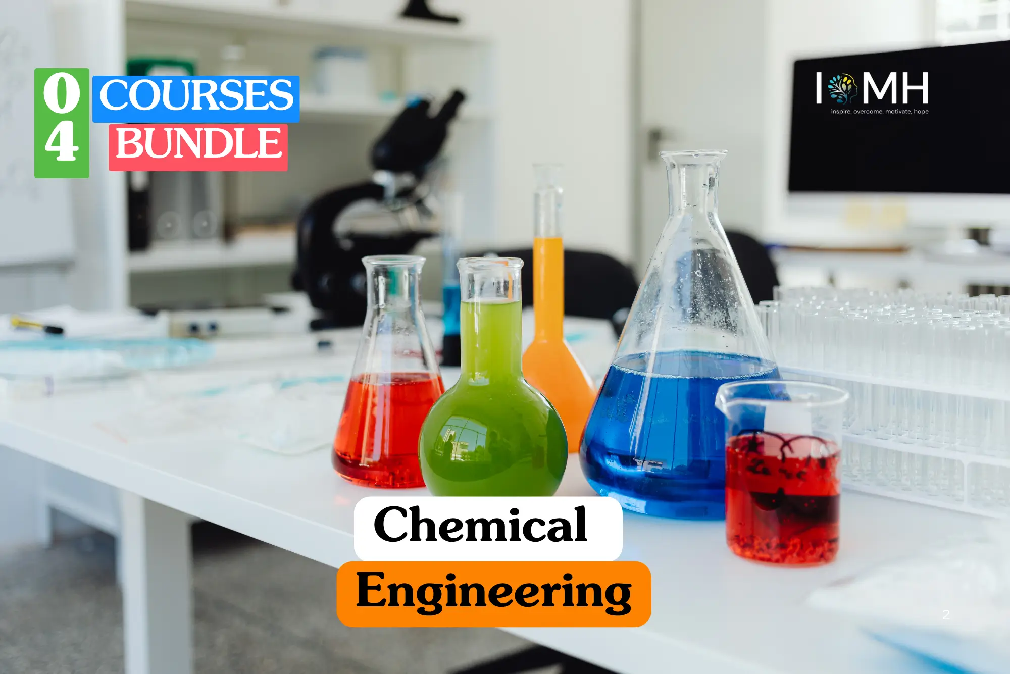 Theoretical industrial science and laboratory processing training banner featuring various glass beakers and flasks filled with vibrant red, green, orange, and blue liquids on a white laboratory workbench alongside test tubes and a microscope.