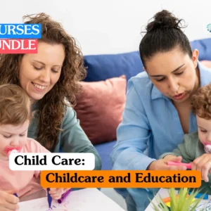 Early years education training banner featuring two female childcare professionals sitting on a floor, smiling and assisting two young toddlers with a creative drawing and coloring activity.