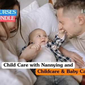Early years education training banner featuring a happy baby lying on a bed, smiling and interacting with two caring adults who are holding the baby's hands, illustrating professional childcare and nannying skills.