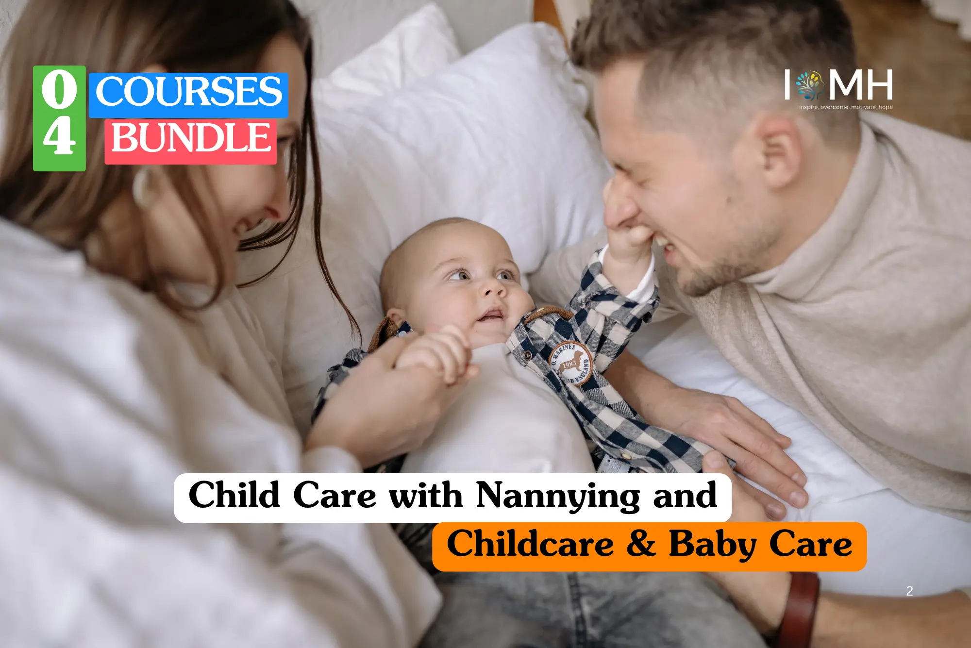 Early years education training banner featuring a happy baby lying on a bed, smiling and interacting with two caring adults who are holding the baby's hands, illustrating professional childcare and nannying skills.