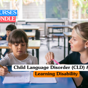 Child language disorder training banner featuring a female educator or therapist providing one-to-one support to a young schoolgirl as she works on a drawing in a bright classroom setting.