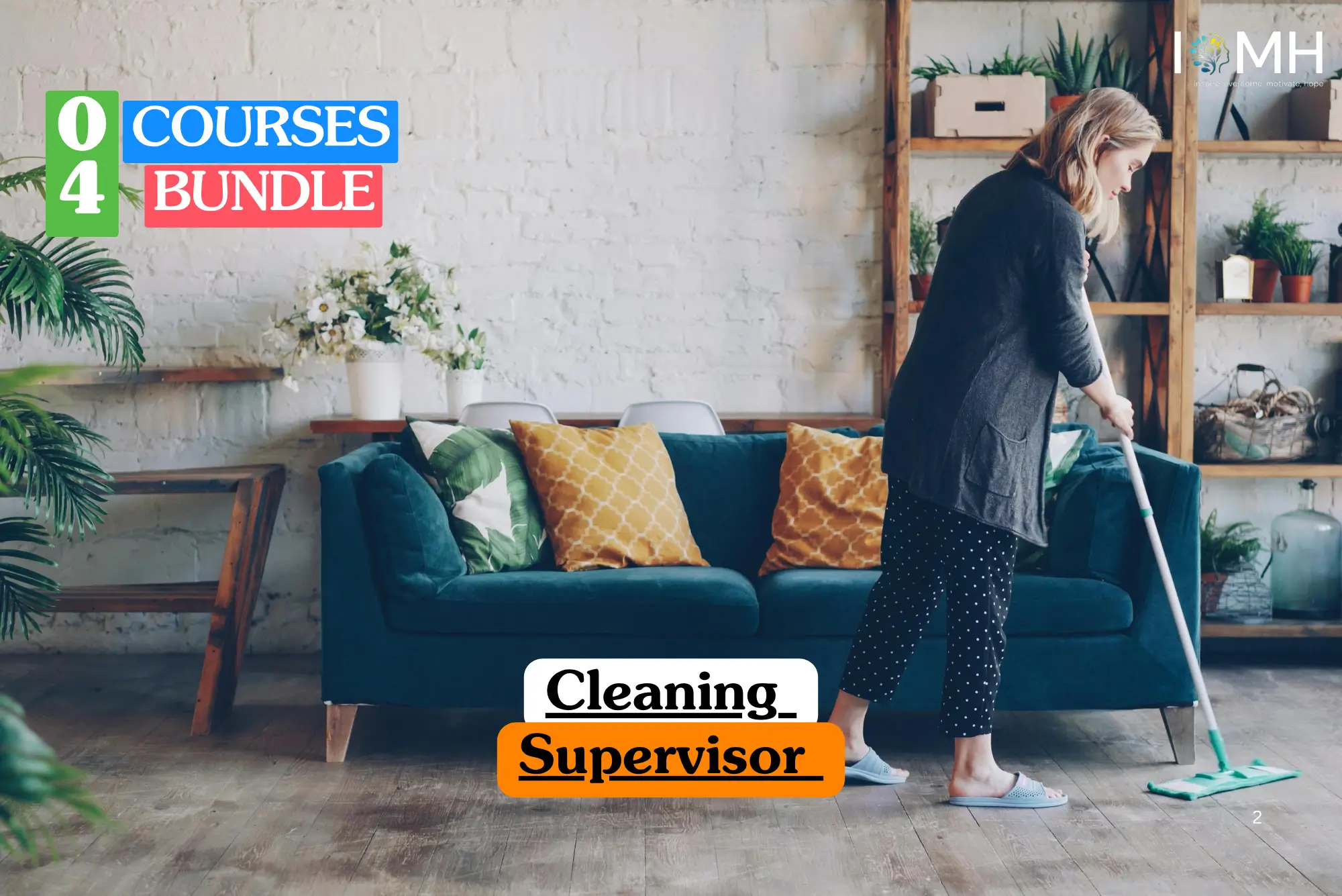Theoretical facilities management and commercial hygiene training banner featuring a professional cleaning supervisor mopping a modern residential living space with a velvet sofa, representing the study of industrial cleaning standards and supervisory protocols.