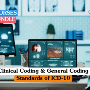 Clinical coding training banner featuring a healthcare professional's hands using a stethoscope and holding a digital tablet displaying medical data, representing ICD-10 coding standards and health information management.