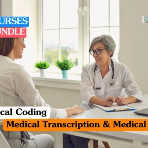 Healthcare administration training banner featuring a female medical professional in a white coat and glasses consulting with a patient at a desk equipped with a laptop and medical documents.