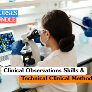 Clinical observation skills training banner showing a female scientist in a white lab coat and blue gloves using a microscope while a digital screen displays high-resolution cellular analysis.