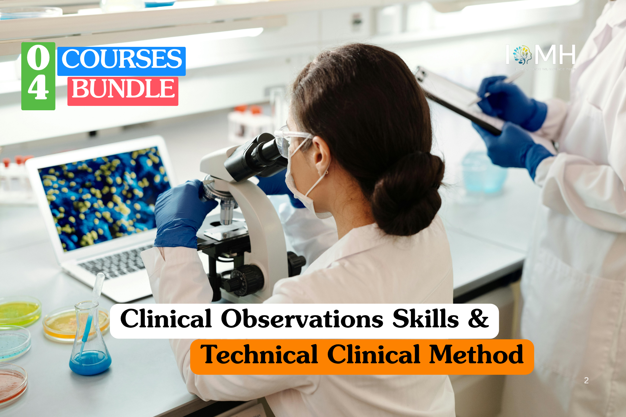 Clinical observation skills training banner showing a female scientist in a white lab coat and blue gloves using a microscope while a digital screen displays high-resolution cellular analysis.