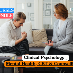Clinical psychology training banner featuring a female psychologist in glasses and a grey cardigan taking notes while listening to a client in a white jacket sitting on a sofa.