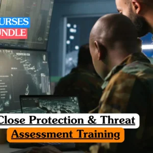 Theoretical security and risk management training banner featuring personnel in camouflage uniforms monitoring high-tech surveillance screens displaying integrated data feeds, representing the study of executive protection, surveillance protocols, and proactive threat assessment strategies.
