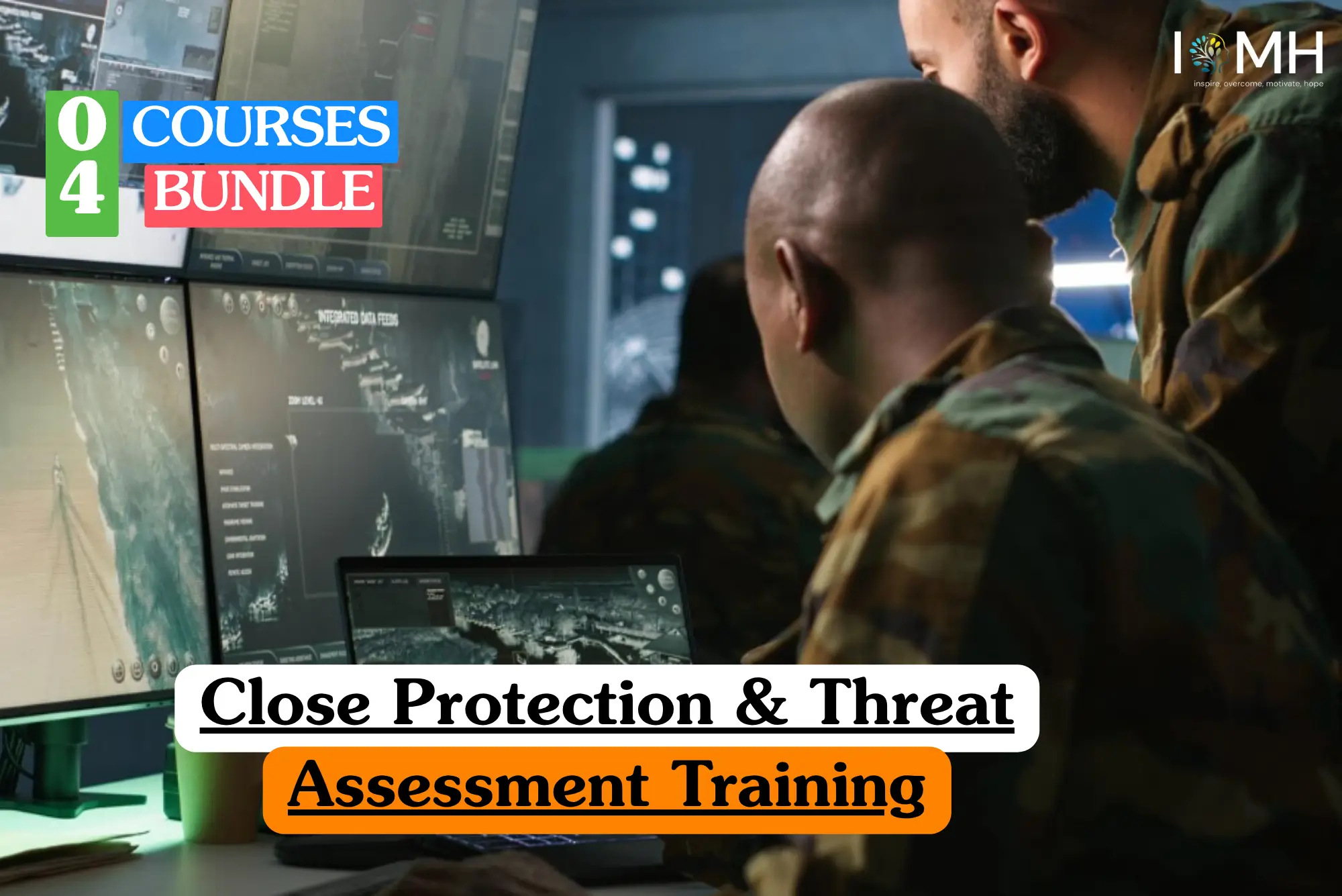 Theoretical security and risk management training banner featuring personnel in camouflage uniforms monitoring high-tech surveillance screens displaying integrated data feeds, representing the study of executive protection, surveillance protocols, and proactive threat assessment strategies.